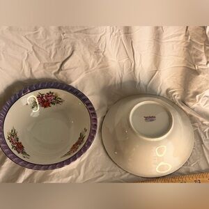 Yamatsu Japan Lusterware Set of 2 Bowls Flower Design Purple Blue Fluted Rim VTG